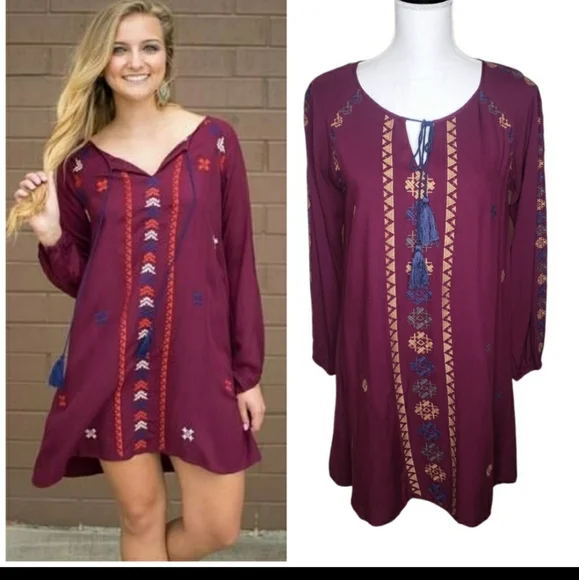 Thml Dresses | Anthropologie Thml Bohemian Tunic Dress Small Medium Purple Red Embroidery Rayon | Color: Purple/Red | Size: S | Tracey112770's Closet